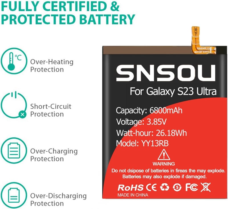 SNRONEW Galaxy S23 Ultra Battery, (2024 Upgraded) 6800mAh EB-BS918ABY Li-Polymer Battery Replacement Compatible with Galaxy S23 Ultra 5G SM-S918U SM-S918U1 SM-S918B with Screwdriver Tool Kit - Image 3